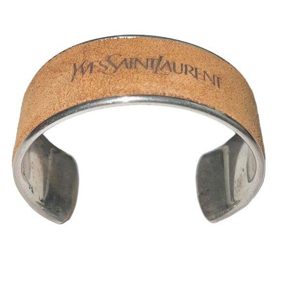 AUTH VTG Yves Saint Laurent YSL Sterling Silver Suede Leather Logo Cuff Bracelet - Picture 12 of 16